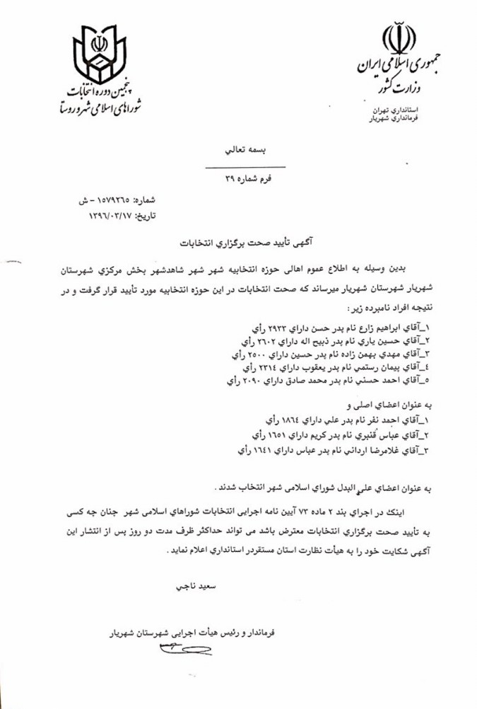 آگهی تأیید صحت برگزاری انتخابات شورای شهر شهرستان شهریار